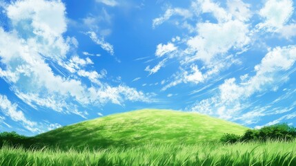 Obraz premium A vibrant green grassy hill under a clear blue sky with fluffy white clouds.