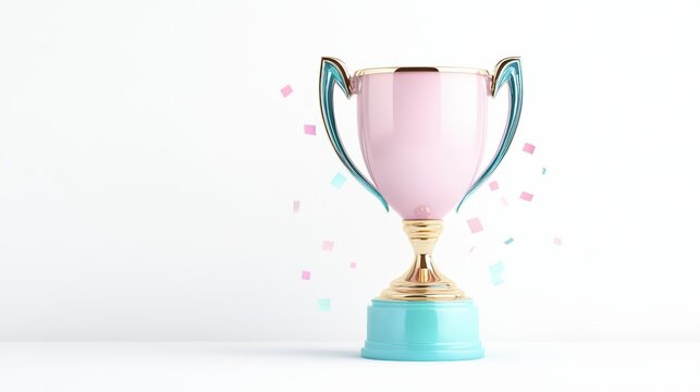 Stylish pink trophy against a white background, symbolizing achievement and victory, adorned with colorful confetti.