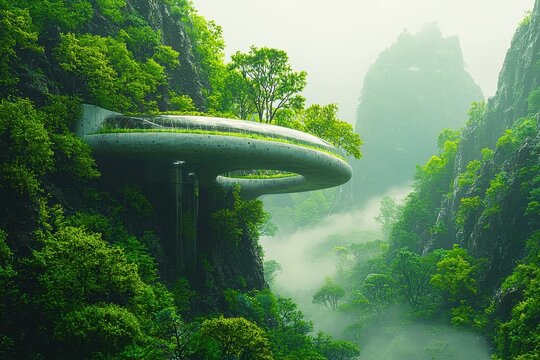 Futuristic hovering vehicle in lush green jungle landscape with mystical atmosphere