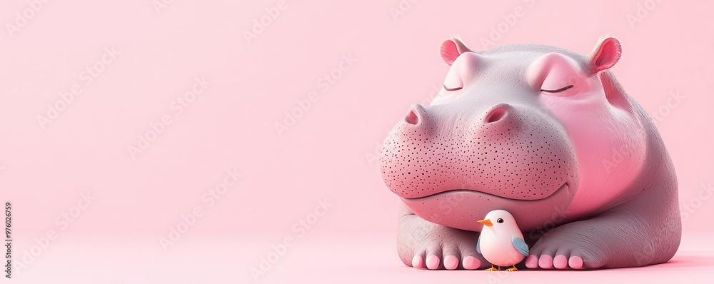 Poster Cute Cartoon Hippopotamus Sleeping with a Bird.