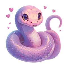 Fototapeta premium A cute snake with a pink and purple body and a pink tongue. The snake is surrounded by hearts, which suggests that it is a symbol of love or affection
