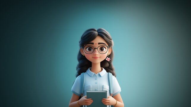 Portrait of a 3d cartoon school girl | Indian school gitl in 3d cartoon style