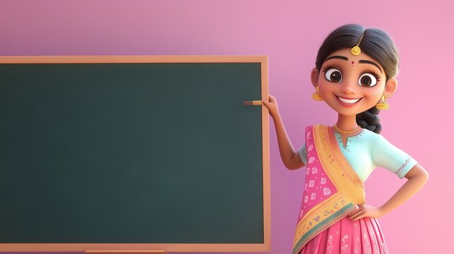 3d cartoon teacher with a blackboard | Indian teacher with blacboard in 3d cartoon style