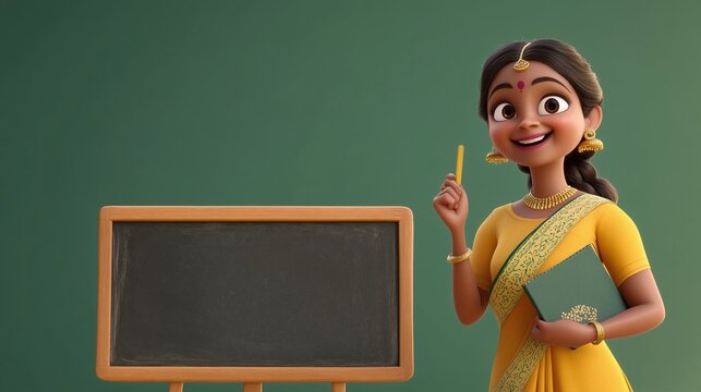 3d cartoon teacher with a blackboard | Indian teacher with blacboard in 3d cartoon style