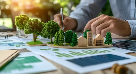 Fototapeta premium A financial report on an eco-friendly business plan. And also symbolizes the company's commitment to environmental justice. The idea of ​​emphasizing environmental sustainability for business success.
