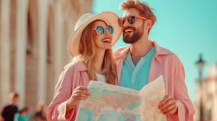 Couple exploring city with map during golden hour, travel and adventure concept.