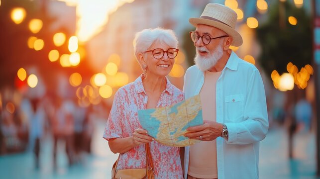 Elderly couple examining a map together on a sunny street. Travel and exploration concept.