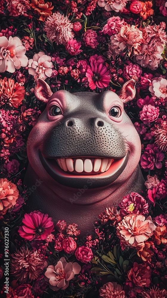 Wall mural smiling hippo in a sea of flowers.