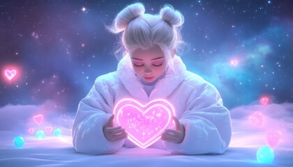 Fototapeta premium A dreamy scene featuring a girl in a cozy outfit holding a glowing heart in a magical, colorful atmosphere.