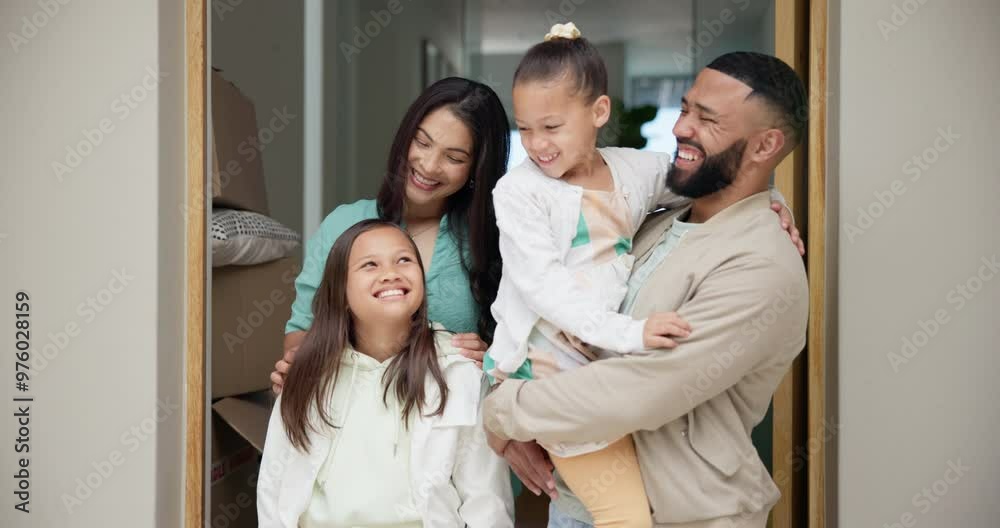 Wall mural Happy, family and hug in new home with love, support and care together with a smile and parents. Children, house and real estate with dad, mother and kids in a living room with bonding and sibling