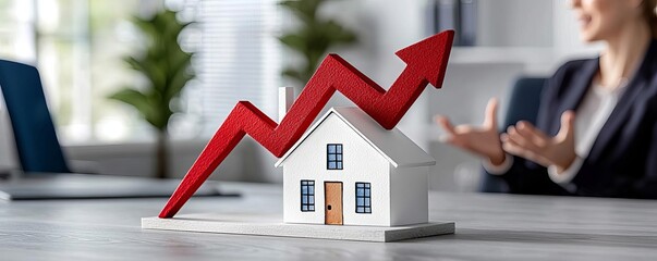 Rising prices in the housing market represented with a house and a rising arrow graph real estate professionals in discussion