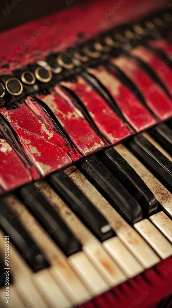 Poster close-up view of an old accordion keyboard showcasing worn keys and vintage details
