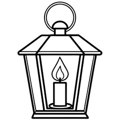 A vintage lantern with a lit candle inside, design with thin, intricate lines vector
