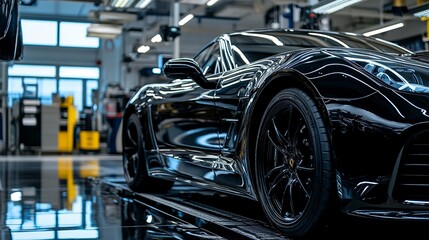Fototapeta premium A sleek black sports car in a modern workshop, showcasing automotive design and craftsmanship.