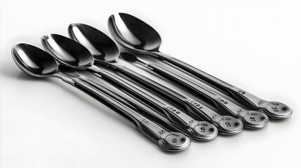 Artfully Arranged Stainless Steel Coffee Scoops with Measurements on White Background