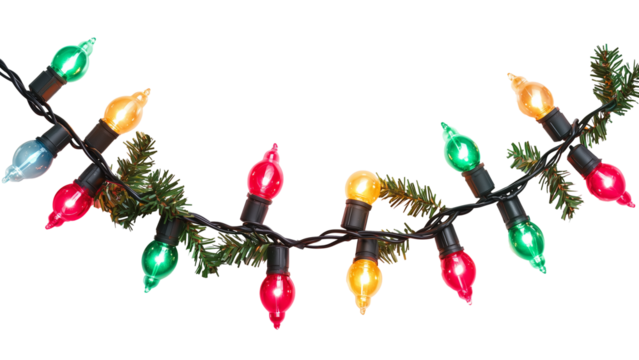 Christmas colored lights, garland, Christmas decoration. Isolated on white or transparent background.