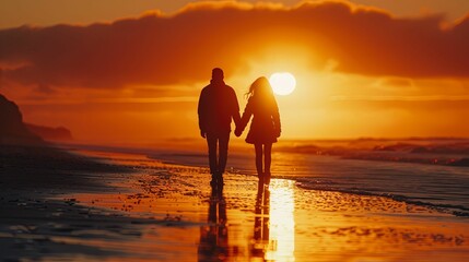 Silhouetted Couple Walking on a Beach at Sunset