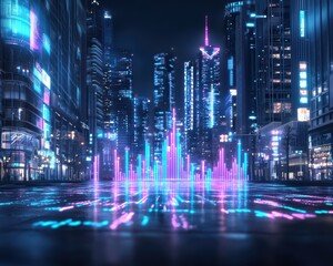 A vibrant cityscape at night showcasing colorful lights and neon reflections in a futuristic urban environment.