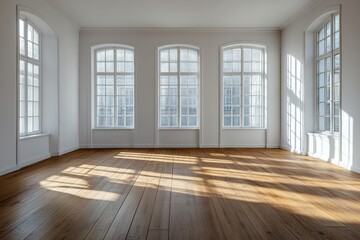 Obraz premium Minimal empty white room with wooden floor and large white wall background. 