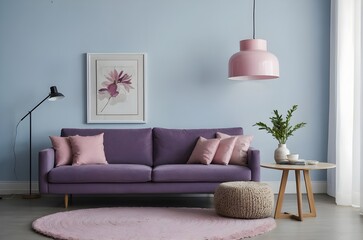 Modern living room with a purple sofa against a light blue wall. The sofa has two pink pillows, there is a small wooden side table with a white vase and a potted plant on it.