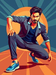 Stylish Indian Male Model Sitting Pose Vector Illustration, Modern Design, Fashionable Character
