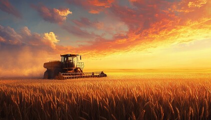 Combine harvester working at sunset in a vast wheat field under a colorful sky