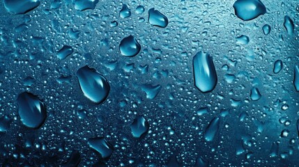 Close-up of water droplets on a blue surface.