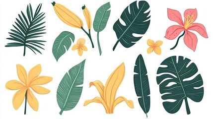 Fototapeta premium Collection of tropical leaves, flowers, and plants isolated on a white background.