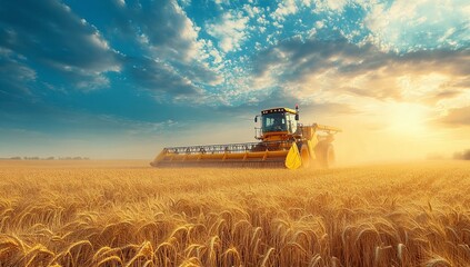 Fototapeta premium A combine harvester works in golden wheat fields during a sunny afternoon harvest season in rural farmland