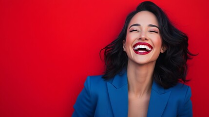 Close-up of a beautiful woman laughing with red lipstick on a red background.