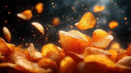 A dynamic display of flying potato chips in a dark setting.