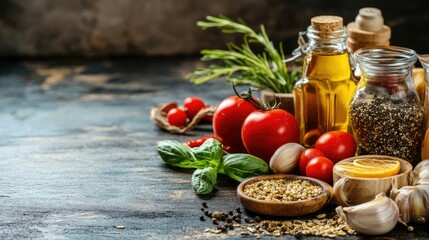 Fresh tomatoes, herbs, garlic, spices, and olive oil on a wooden background with copy space.