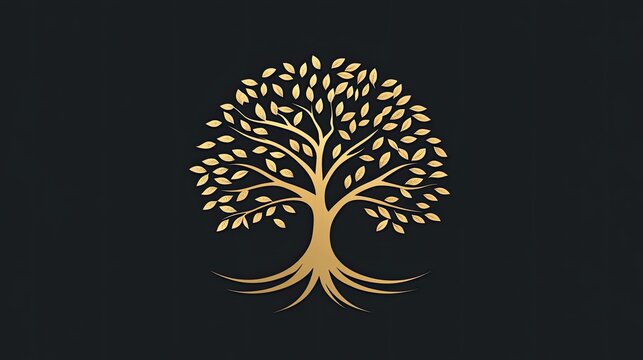 Golden tree with leaves and roots on a dark background.