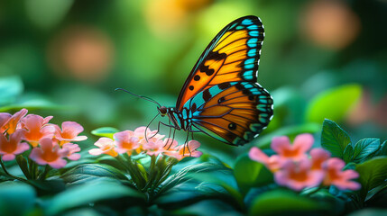 Fototapeta premium Vibrant Monarch Butterfly Perched on Colorful Flowers in Lush Garden, Serene Nature Scene with Soft Focus Bokeh Effect