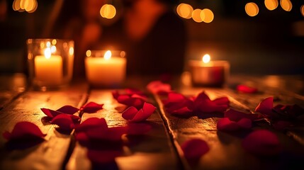 Romantic setting with rose petals and candles, creating an intimate atmosphere for a perfect evening.