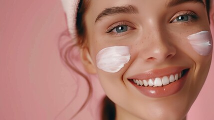 Beautiful woman smile use cream for good skin. face of a healthy woman apply cream and makeup. Advertisement for skin cream, anti-wrinkle, baby face, whitening, moisturizer, tighten pores.