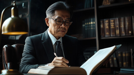 Fototapeta premium Seasoned Asian Lawyer Reviewing Historical Case Files