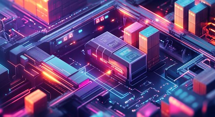 Fototapeta premium Digital illustration of an advanced technology hub with smart packaging and microchips