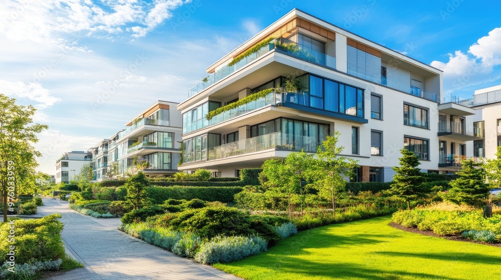 Wall mural Modern apartment complex with green landscaping and a walkway in front.