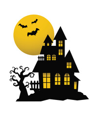 Haunted house under full moon with trees for Halloween night
