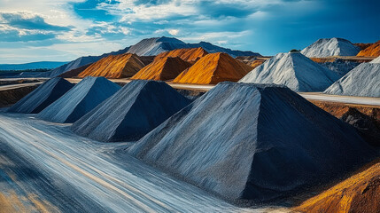 Stockpiled Minerals Ready for Shipment in Industrial Mining Yard Under Cloudy Sky - Final Stage of Mineral Supply Chain Distribution