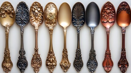 Beautifully Arranged Coffee Spoons with Intricate Designs on White Backdrop