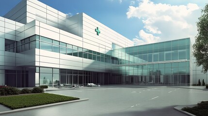 Modern hospital building with a green cross on the facade and a large glass entrance.