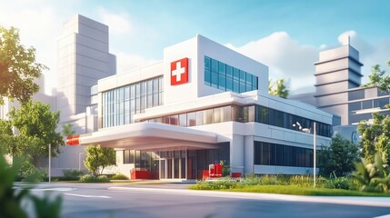 Obraz premium Modern hospital building with a red cross on the facade.