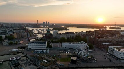 4k Aerial view of famous places architectural landmarks Lutheran Christian Cathedral Church at the Senate Square in Helsinki, Finland