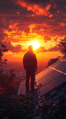 Fototapeta premium Solar Installer Mounting Panel on Rooftop at Sunrise with Vibrant Sky, Family Home, Sustainable Energy, Environmental Conservation Scene