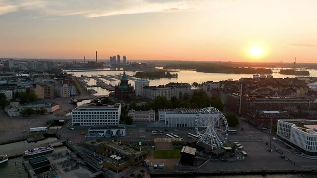 4k Aerial view of famous places architectural landmarks Lutheran Christian Cathedral Church at the Senate Square in Helsinki, Finland