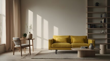 Modern living room with a large window on the left side, there is a yellow sofa with a wooden coffee table in front of it. The sofa is upholstered in bright yellow fabric and has armrests.