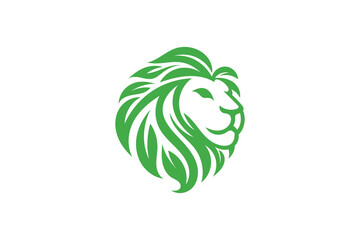 A minimalistic lion head logo made from green leaves, symbolizing strength and nature. The design is clean, modern, and eco-friendly, set against a dark background.