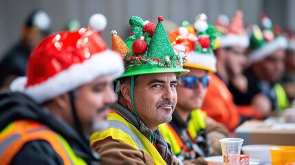 Fototapeta premium Workers wearing festive hats during lunch to celebrate a holiday on site